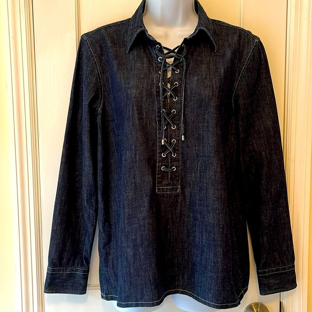 Lauren‎ Ralph Lauren Cotton Denim Lace Up Top Women's Small Blue Western Preppy
